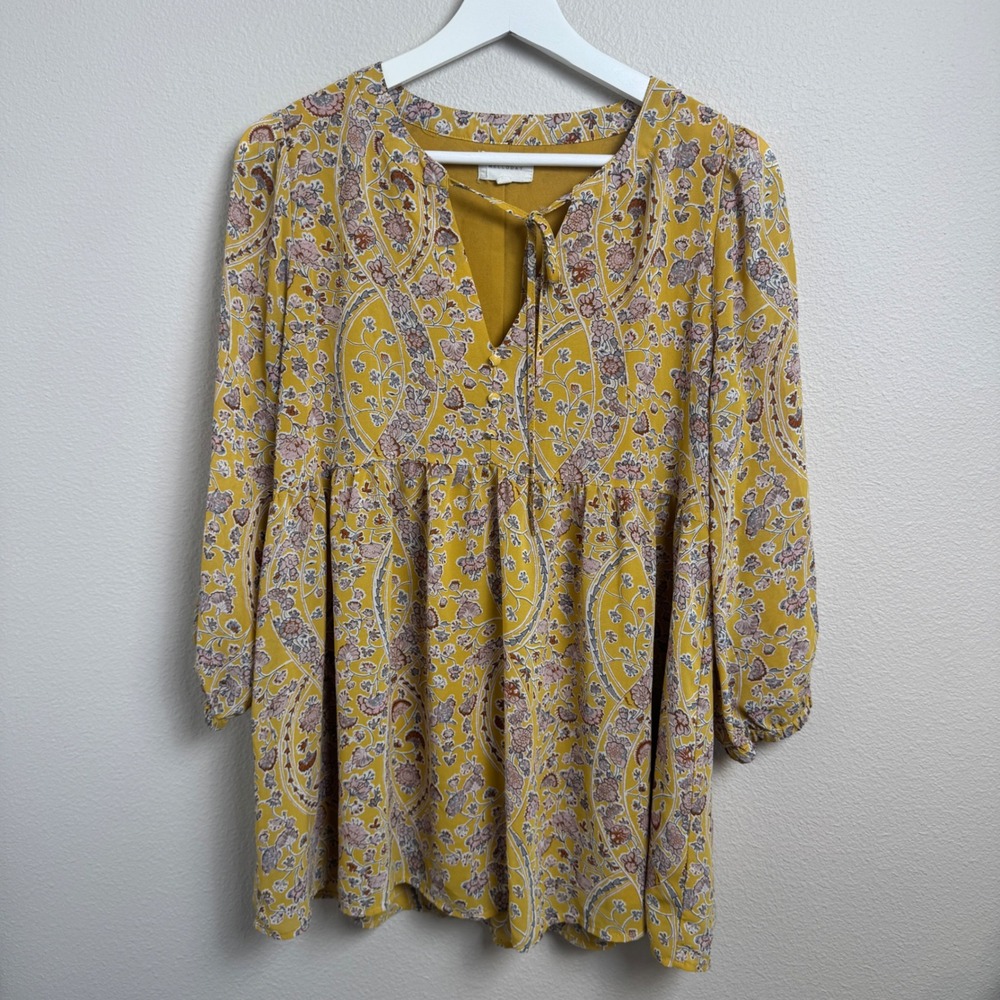 Melloday Mustard Yellow Floral Paisley Babydoll Tunic Top Boho Flowy Womens M